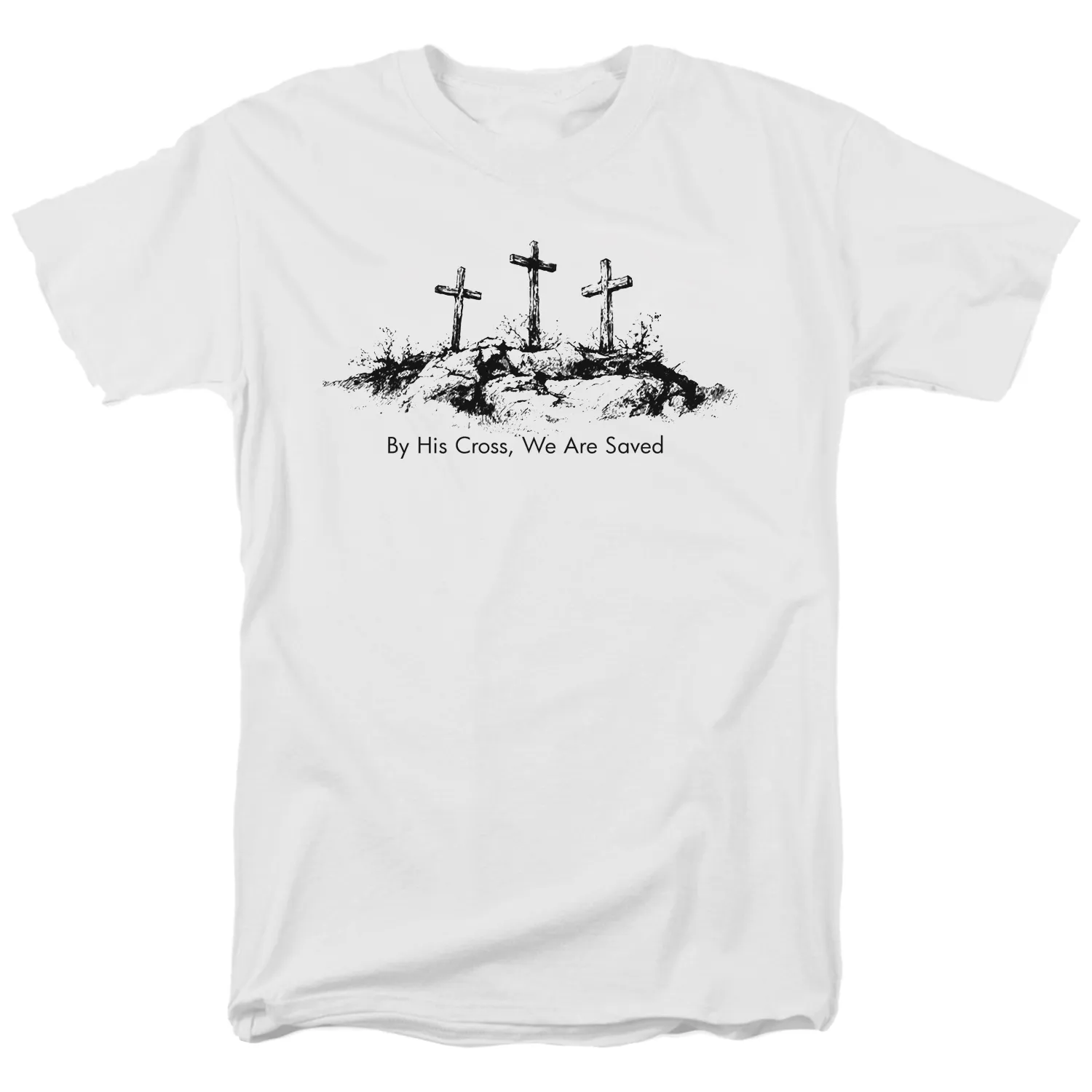 By His Cross, We Are Saved Tee – view 2